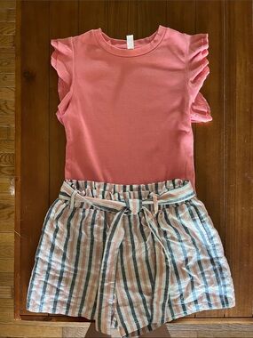 Coral Ruffle Sleeve Top & Striped Tie-Waist Shorts Kids Matching Set